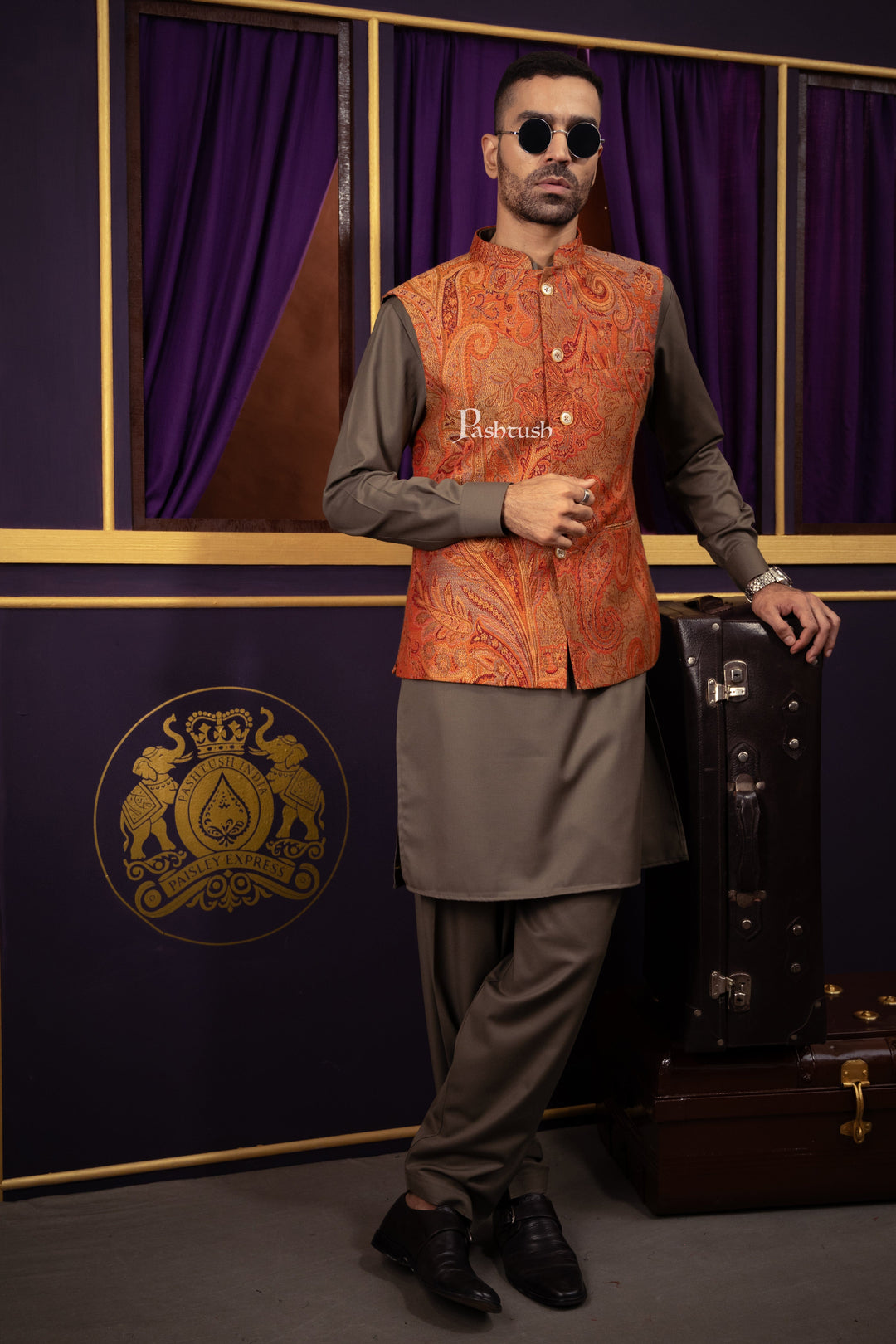 Pashtush India Coats &amp; Jackets Pashtush Mens Woven Jacquard Structured Waistcoat, Slim Fit, Multicolour