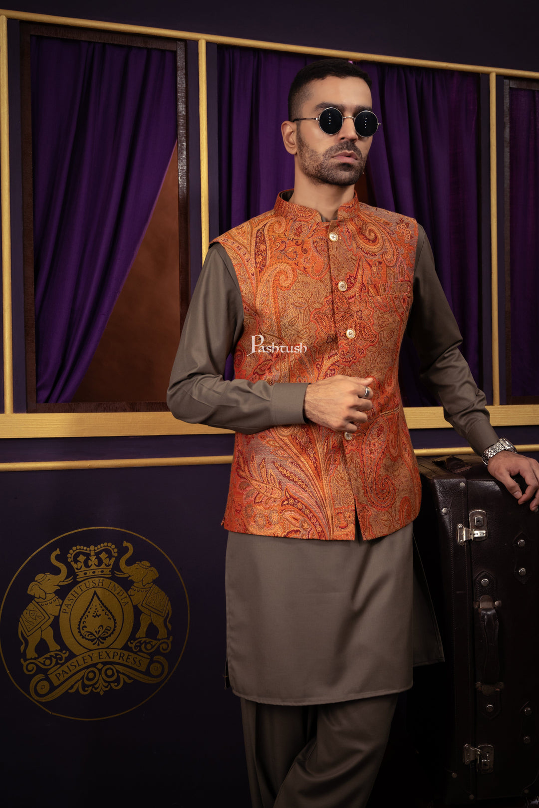 Pashtush India Coats &amp; Jackets Pashtush Mens Woven Jacquard Structured Waistcoat, Slim Fit, Multicolour