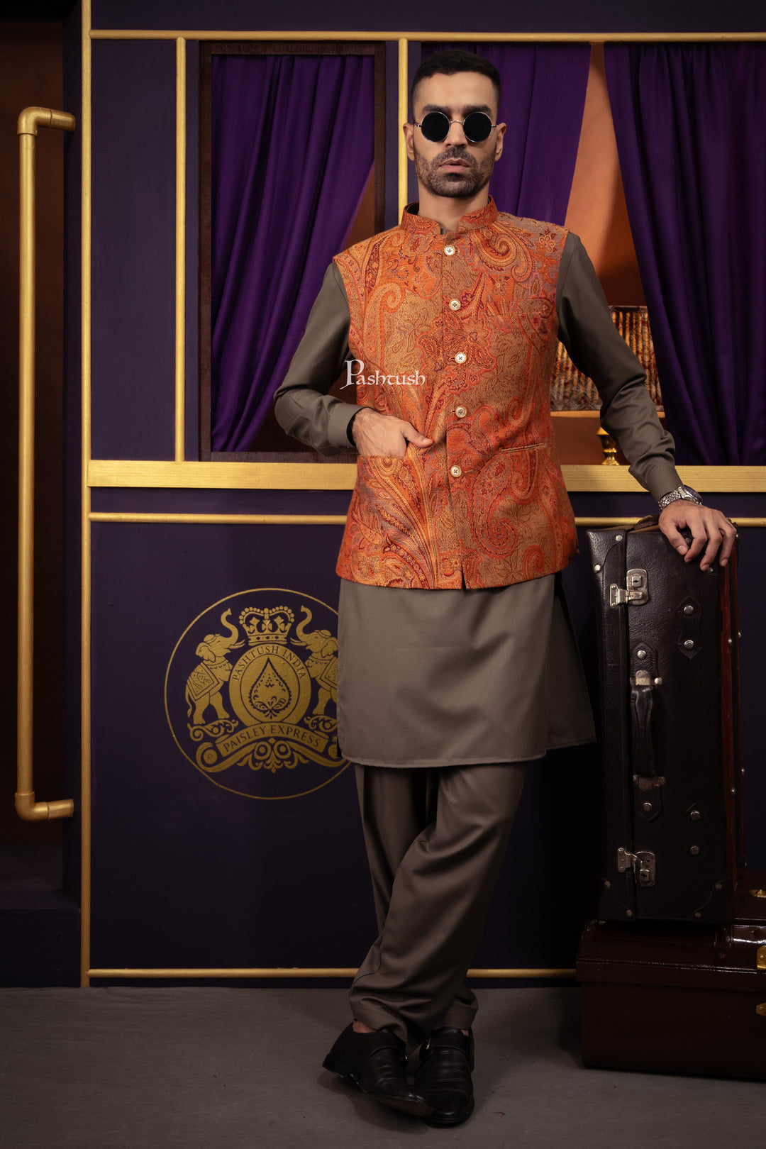 Pashtush India Coats &amp; Jackets Pashtush Mens Woven Jacquard Structured Waistcoat, Slim Fit, Multicolour