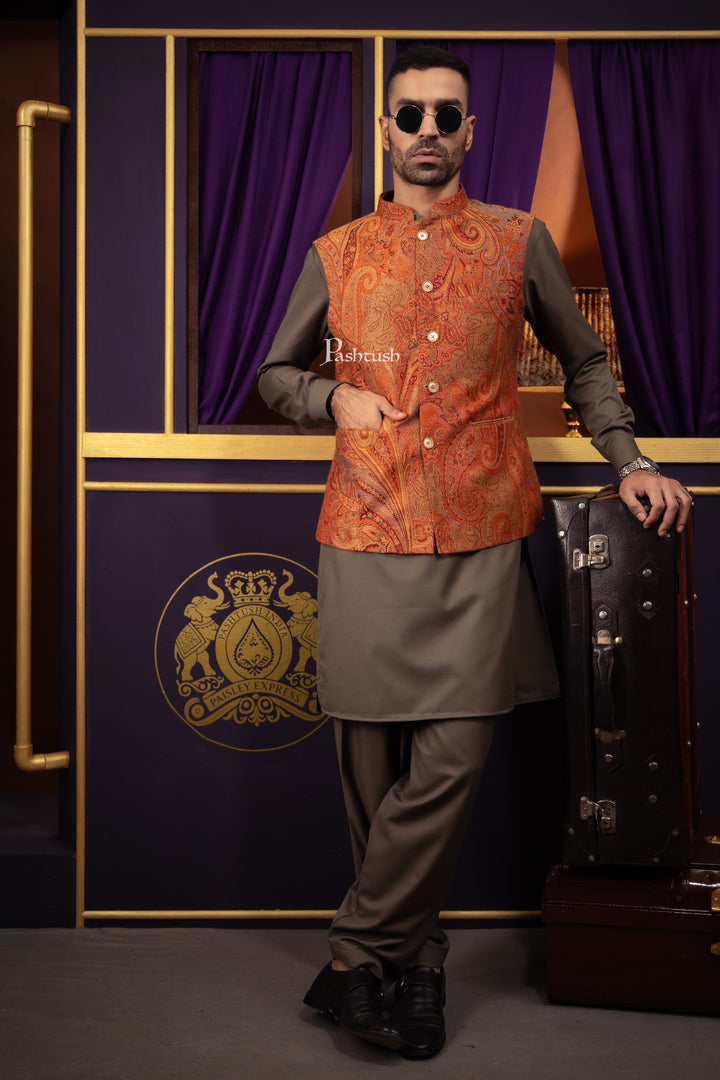 Pashtush India Coats &amp; Jackets Pashtush Mens Woven Jacquard Structured Waistcoat, Slim Fit, Multicolour