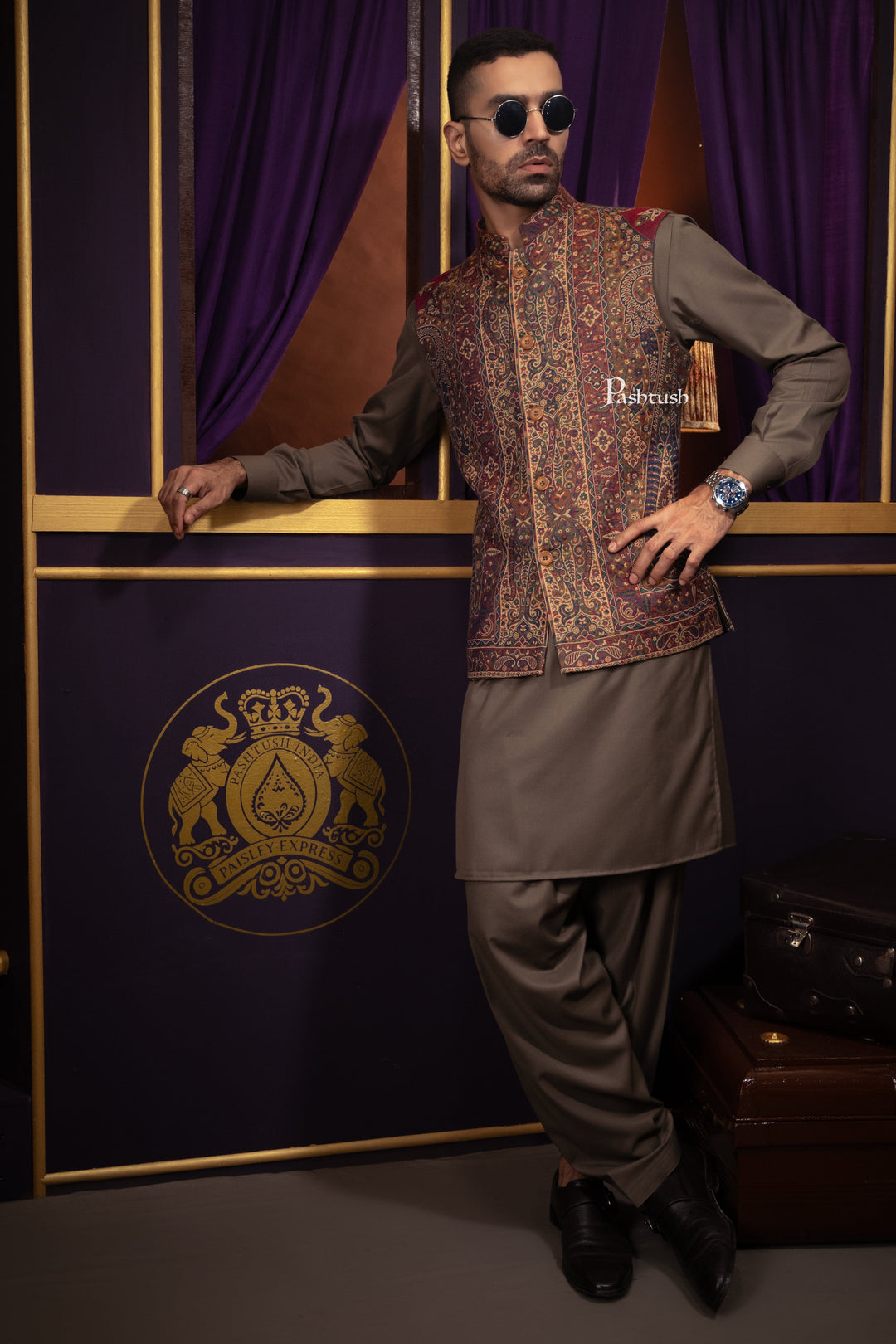 Pashtush India Coats &amp; Jackets Pashtush Mens Woven Jacquard Structured Waistcoat, Slim Fit, Multicolour