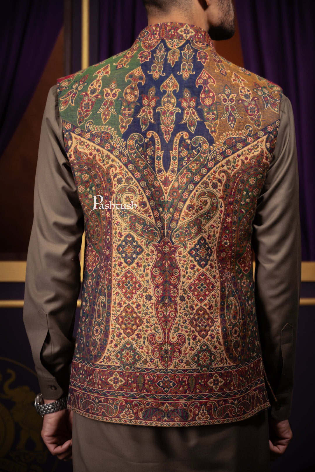 Pashtush India Coats &amp; Jackets Pashtush Mens Woven Jacquard Structured Waistcoat, Slim Fit, Multicolour