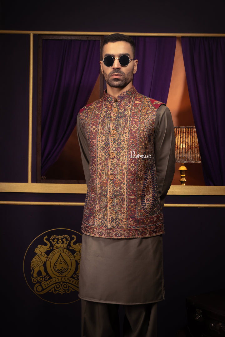 Pashtush India Coats &amp; Jackets Pashtush Mens Woven Jacquard Structured Waistcoat, Slim Fit, Multicolour
