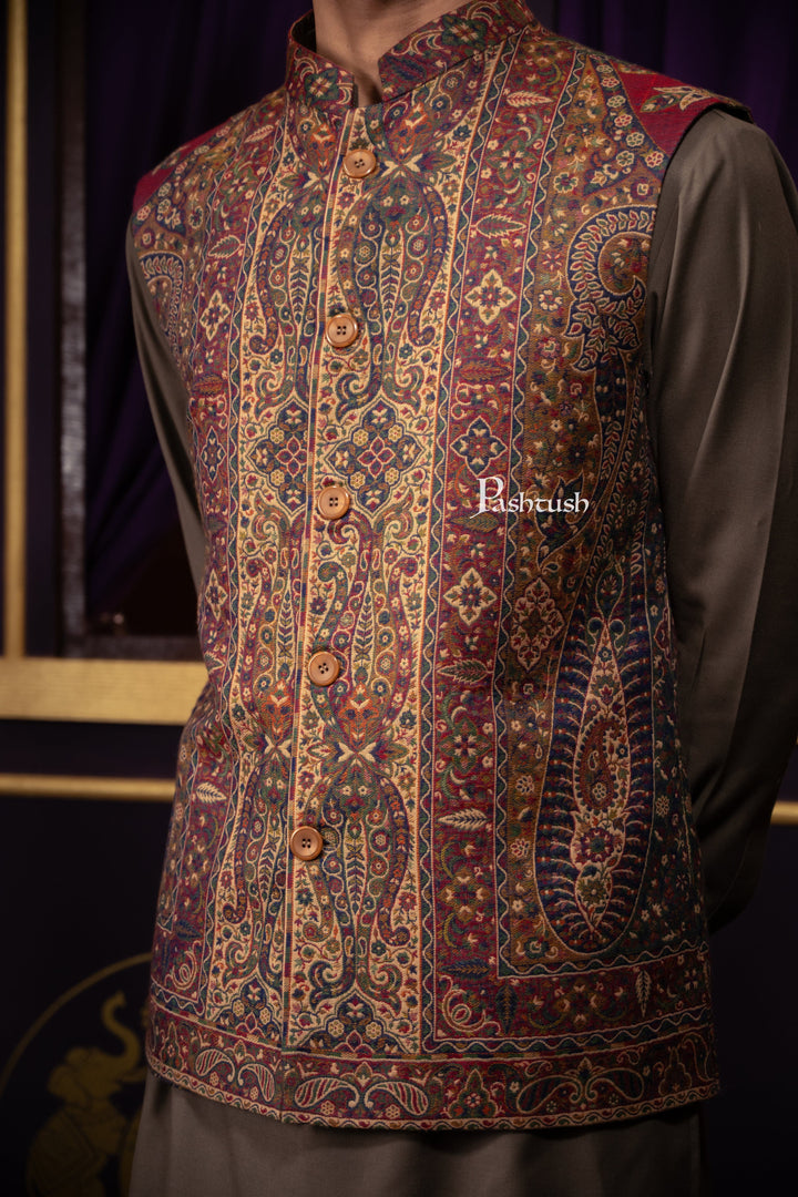 Pashtush India Coats &amp; Jackets Pashtush Mens Woven Jacquard Structured Waistcoat, Slim Fit, Multicolour