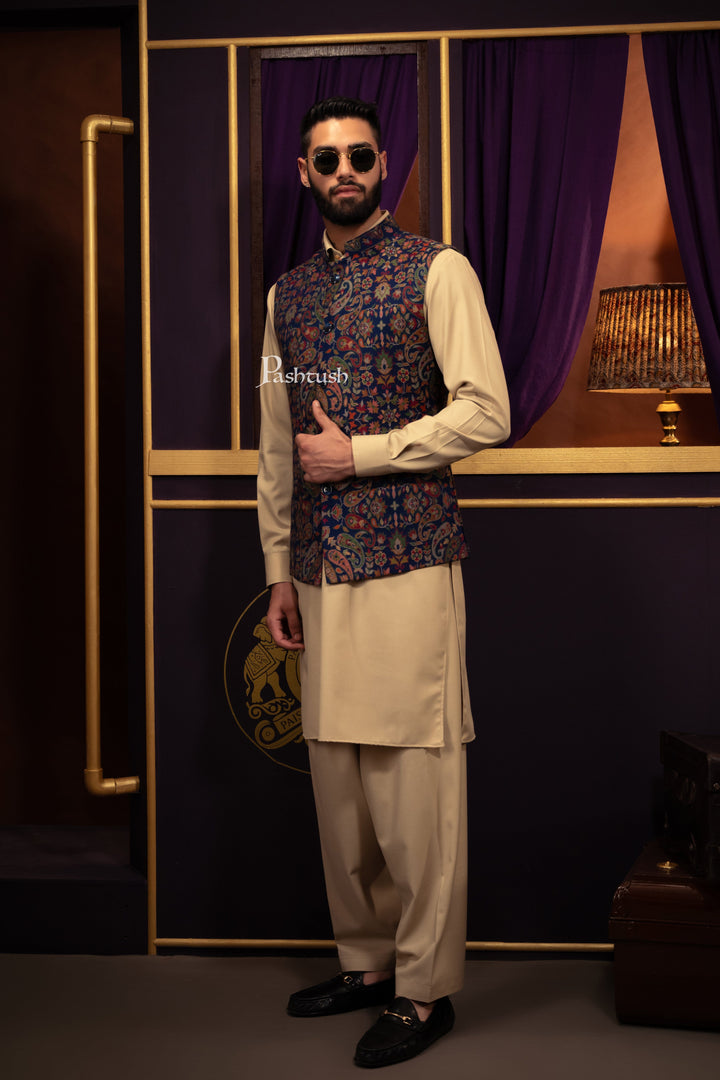 Pashtush India Coats &amp; Jackets Pashtush Mens Woven Jacquard Structured Waistcoat, Slim Fit, Navy Blue