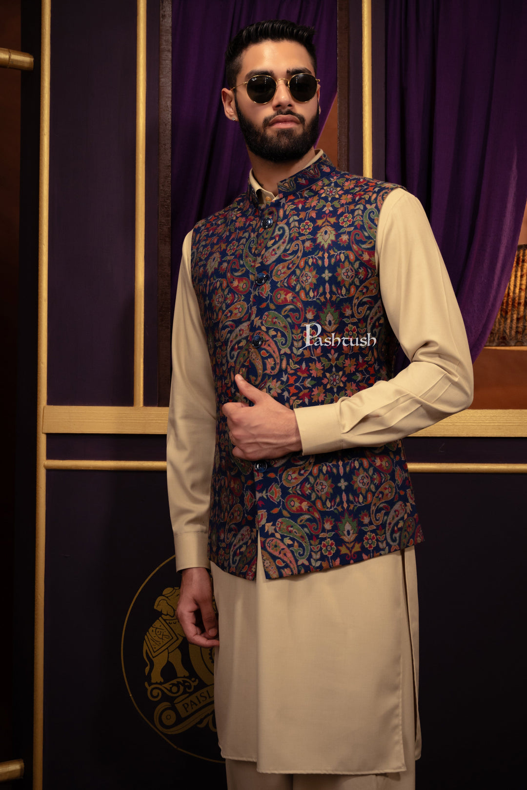 Pashtush India Coats &amp; Jackets Pashtush Mens Woven Jacquard Structured Waistcoat, Slim Fit, Navy Blue