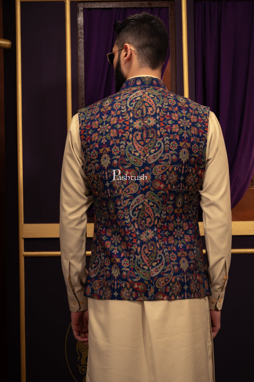 Pashtush India Coats &amp; Jackets Pashtush Mens Woven Jacquard Structured Waistcoat, Slim Fit, Navy Blue