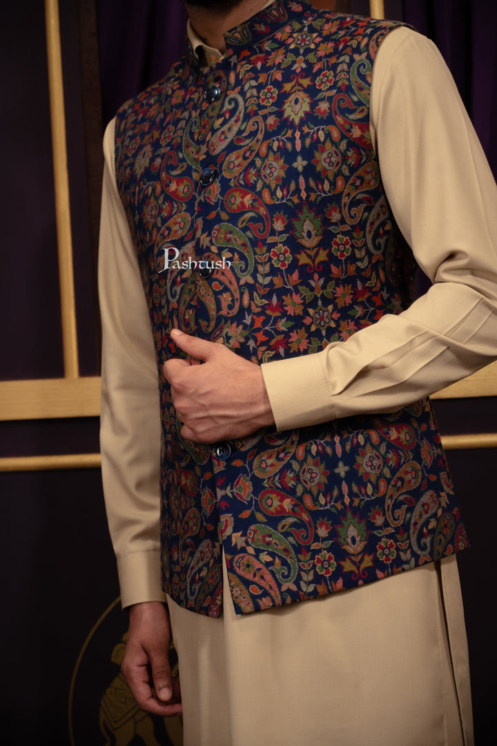 Pashtush India Coats &amp; Jackets Pashtush Mens Woven Jacquard Structured Waistcoat, Slim Fit, Navy Blue