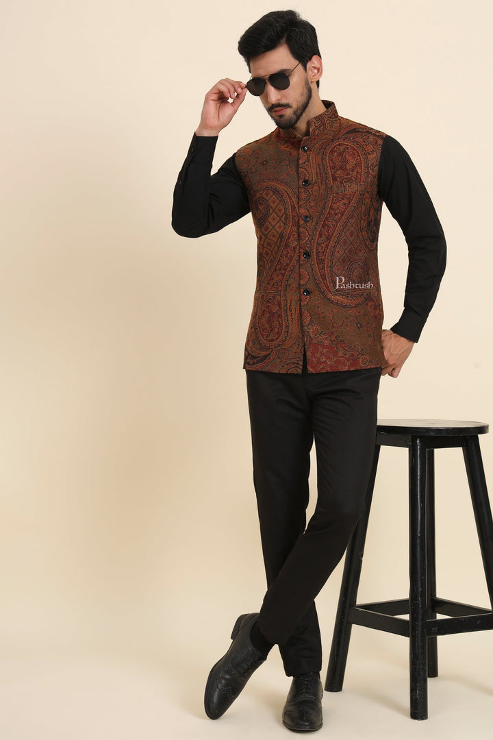 Pashtush India Coats & Jackets Pashtush Mens Woven Jacquard Waistcoat, Structured Slim Fit