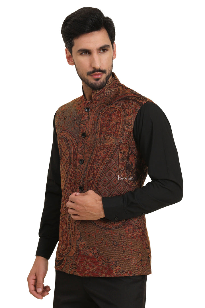 Pashtush India Coats & Jackets Pashtush Mens Woven Jacquard Waistcoat, Structured Slim Fit