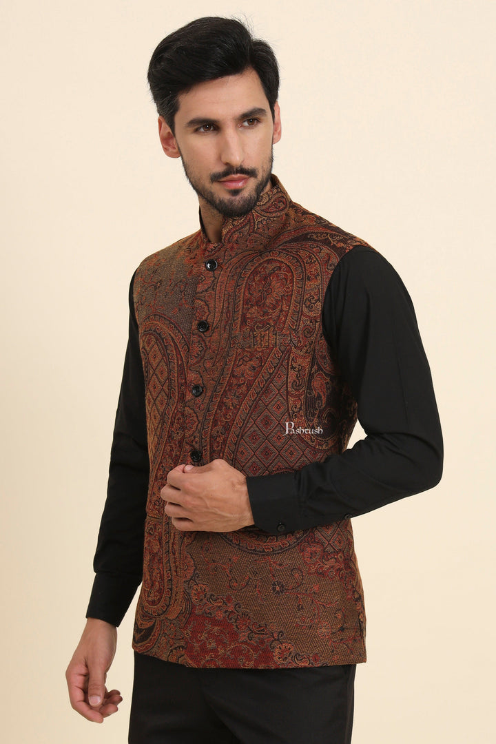 Pashtush India Coats & Jackets Pashtush Mens Woven Jacquard Waistcoat, Structured Slim Fit