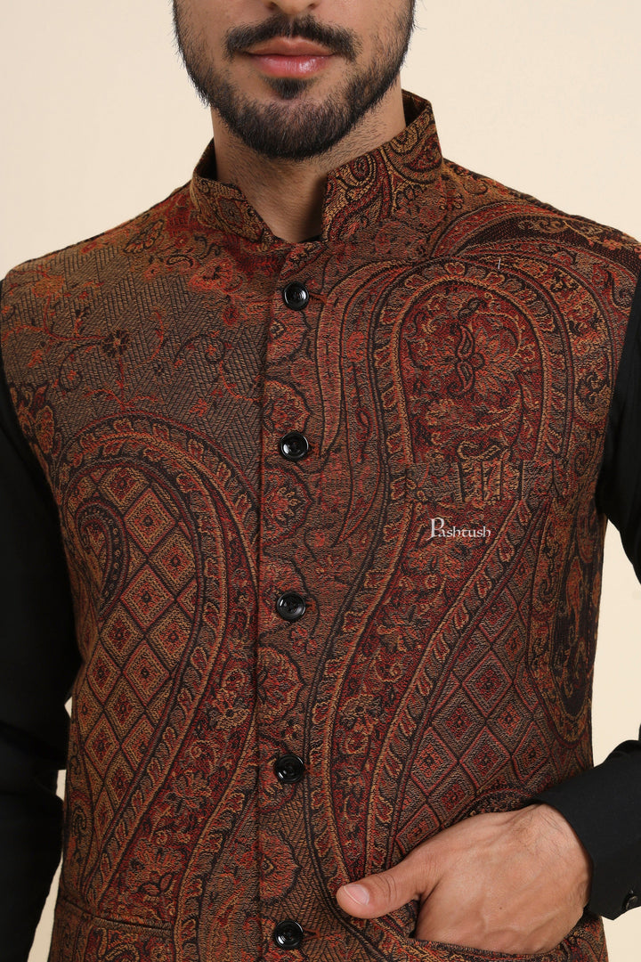 Pashtush India Coats & Jackets Pashtush Mens Woven Jacquard Waistcoat, Structured Slim Fit