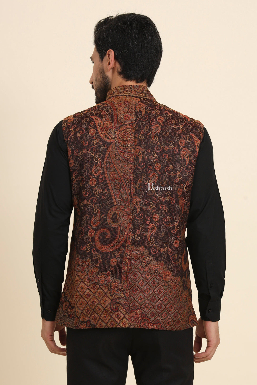 Pashtush India Coats & Jackets Pashtush Mens Woven Jacquard Waistcoat, Structured Slim Fit