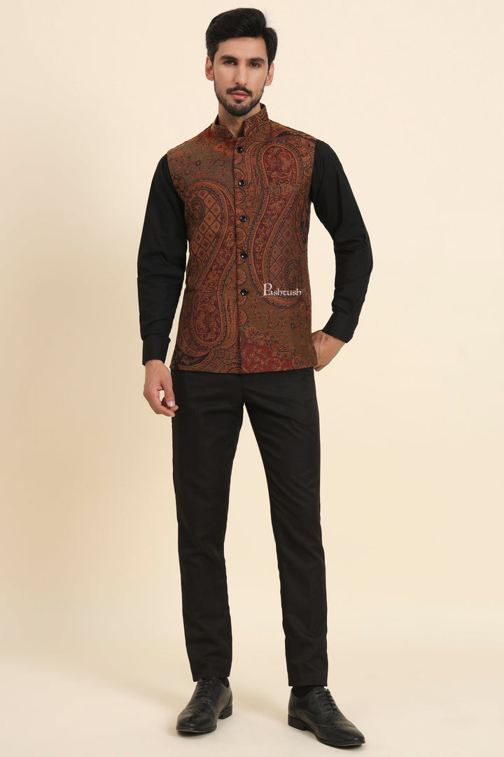 Pashtush India Coats & Jackets Pashtush Mens Woven Jacquard Waistcoat, Structured Slim Fit