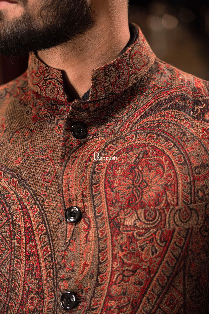 Pashtush India Coats &amp; Jackets PASHTUSH MENS WOVEN JACQUARD WAISTCOAT, Structured SLIM FIT