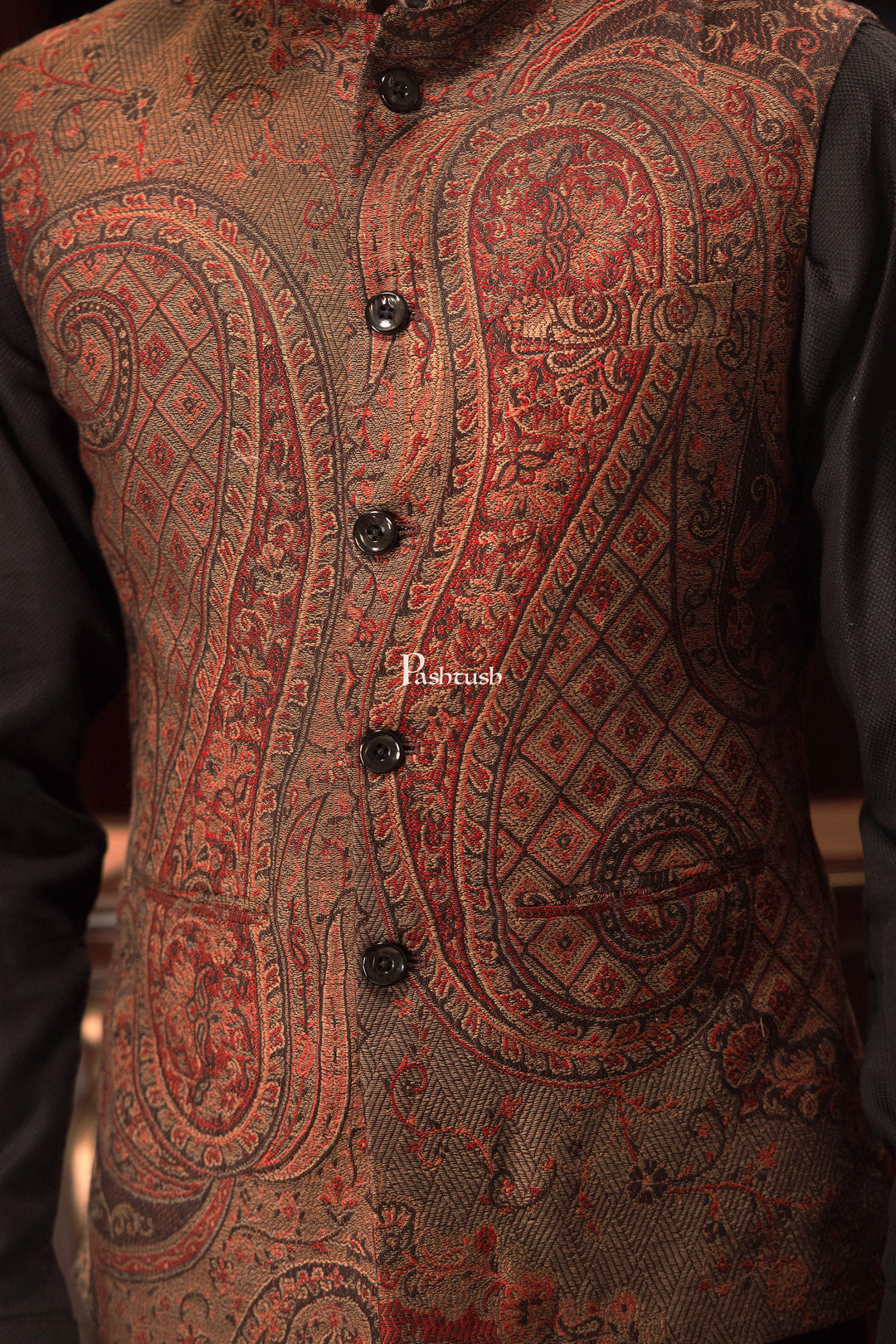 Pashtush India Coats &amp; Jackets PASHTUSH MENS WOVEN JACQUARD WAISTCOAT, Structured SLIM FIT