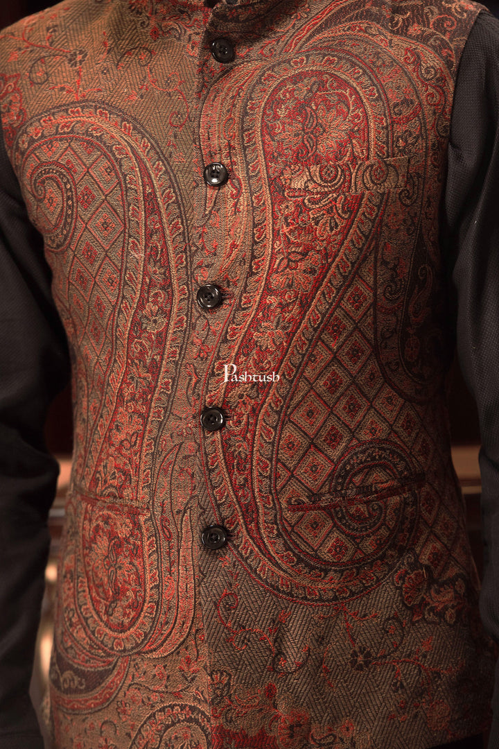 Pashtush India Coats &amp; Jackets PASHTUSH MENS WOVEN JACQUARD WAISTCOAT, Structured SLIM FIT
