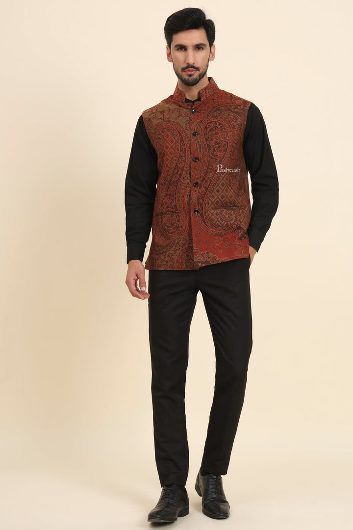 Pashtush India Coats &amp; Jackets Pashtush Mens Woven Jacquard Waistcoat, Structured Slim Fit, Brown