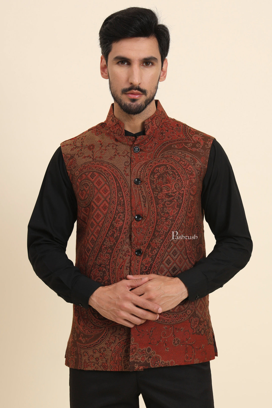 Pashtush India Coats &amp; Jackets Pashtush Mens Woven Jacquard Waistcoat, Structured Slim Fit, Brown
