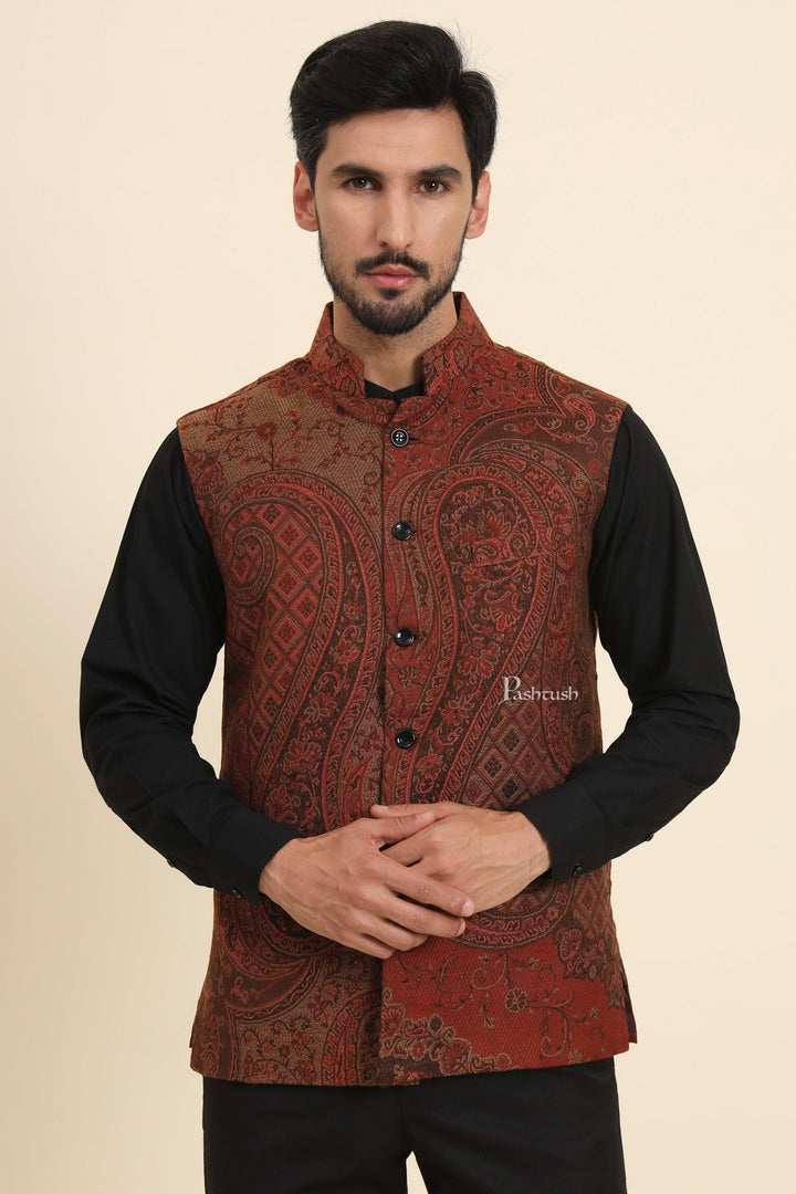 Pashtush India Coats &amp; Jackets Pashtush Mens Woven Jacquard Waistcoat, Structured Slim Fit, Brown