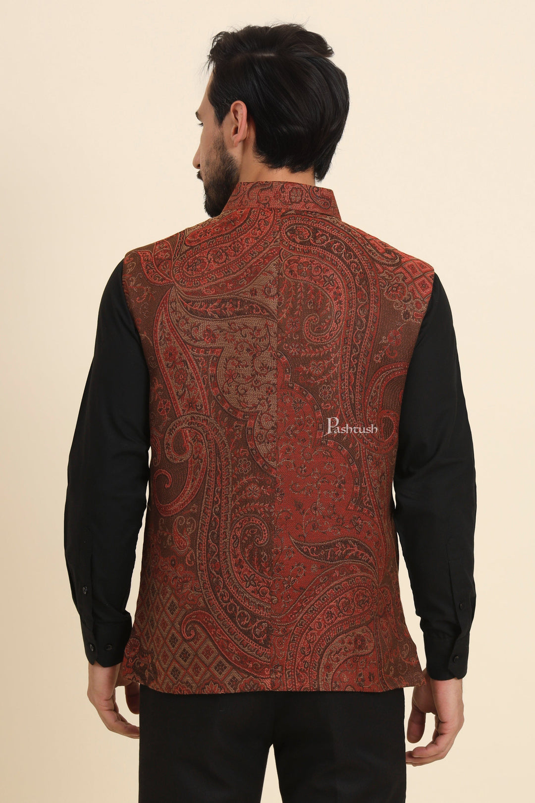 Pashtush India Coats &amp; Jackets Pashtush Mens Woven Jacquard Waistcoat, Structured Slim Fit, Brown