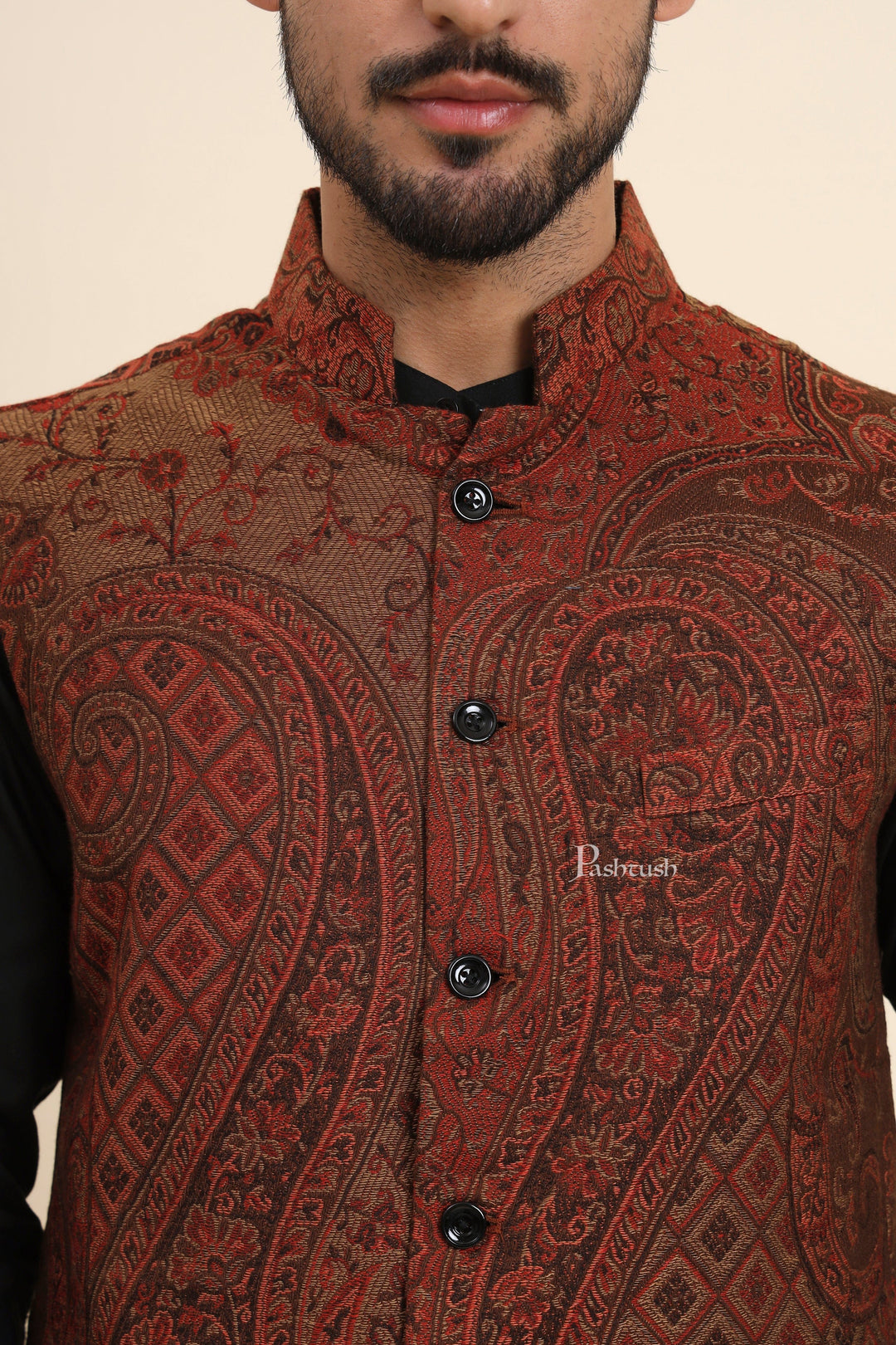 Pashtush India Coats &amp; Jackets Pashtush Mens Woven Jacquard Waistcoat, Structured Slim Fit, Brown
