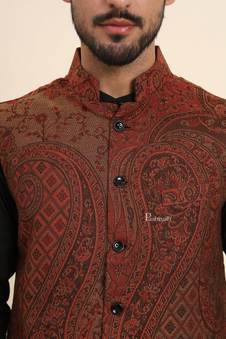 Pashtush India Coats &amp; Jackets Pashtush Mens Woven Jacquard Waistcoat, Structured Slim Fit, Brown