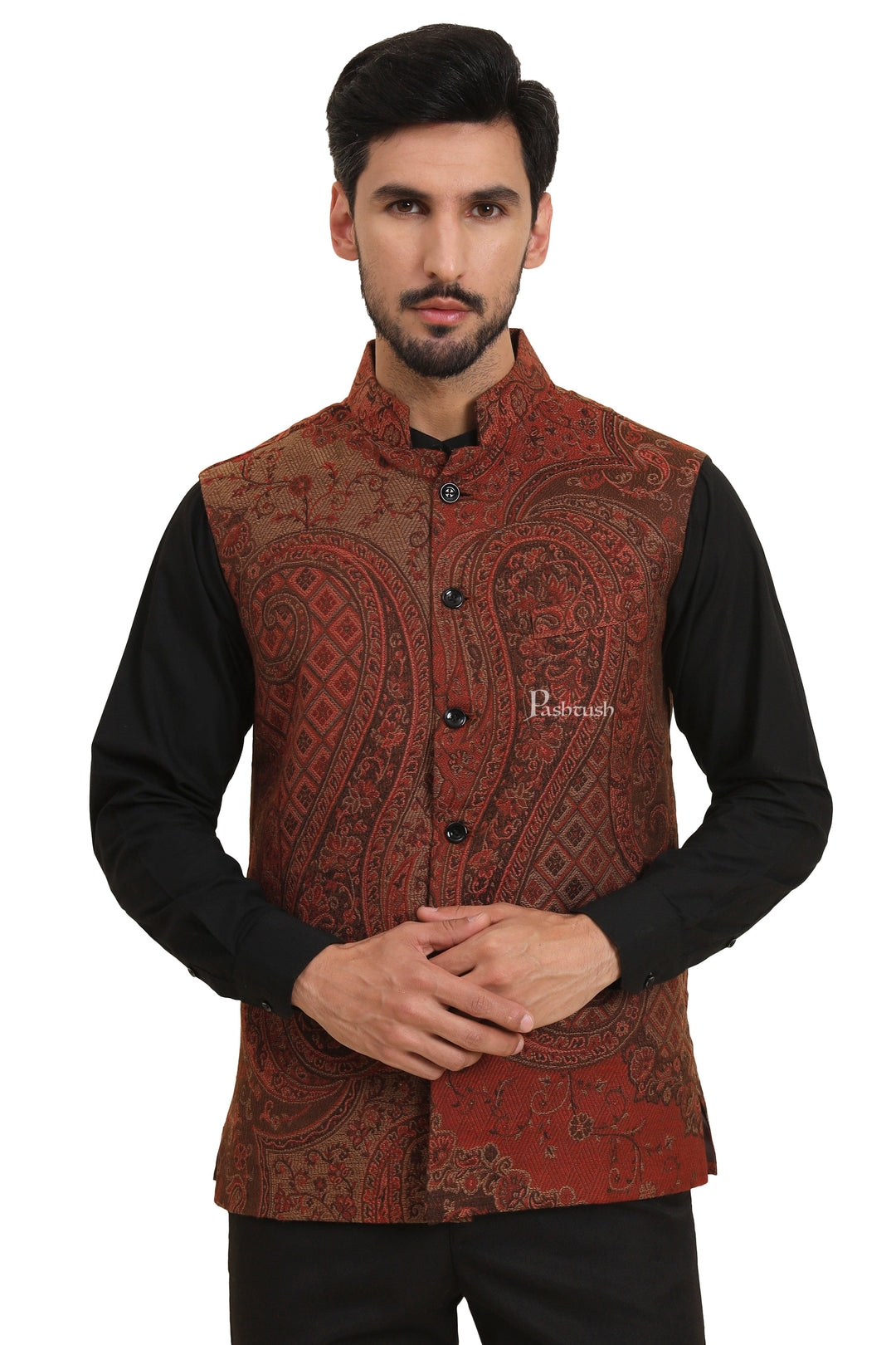 Pashtush India Coats &amp; Jackets Pashtush Mens Woven Jacquard Waistcoat, Structured Slim Fit, Brown