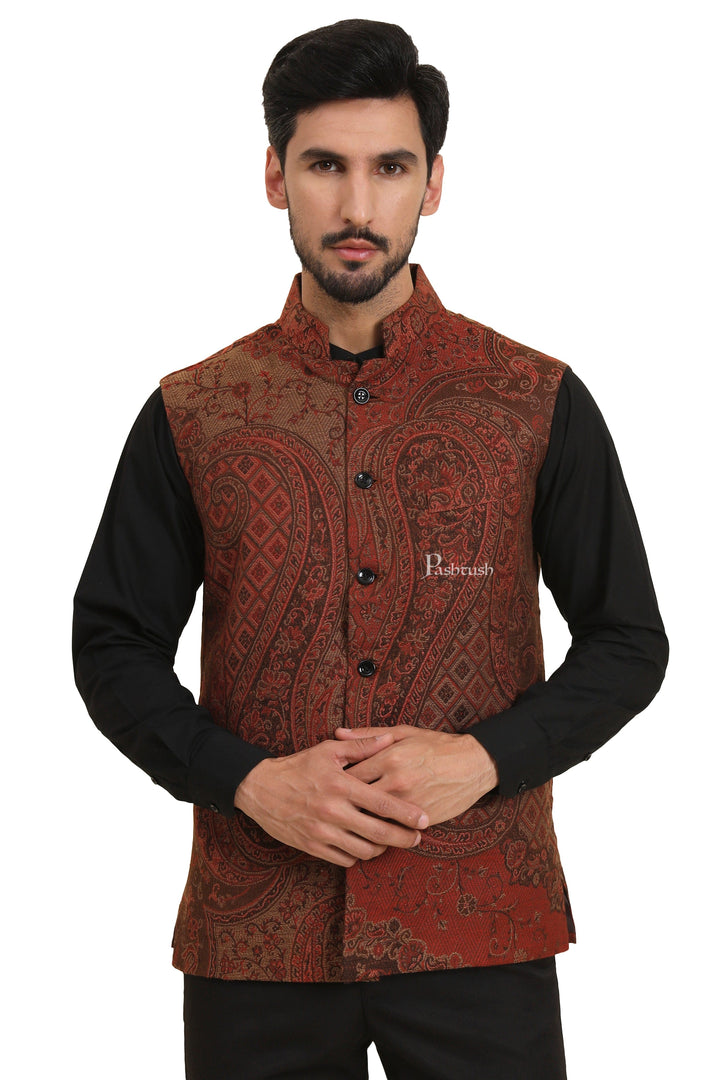 Pashtush India Coats &amp; Jackets Pashtush Mens Woven Jacquard Waistcoat, Structured Slim Fit, Brown