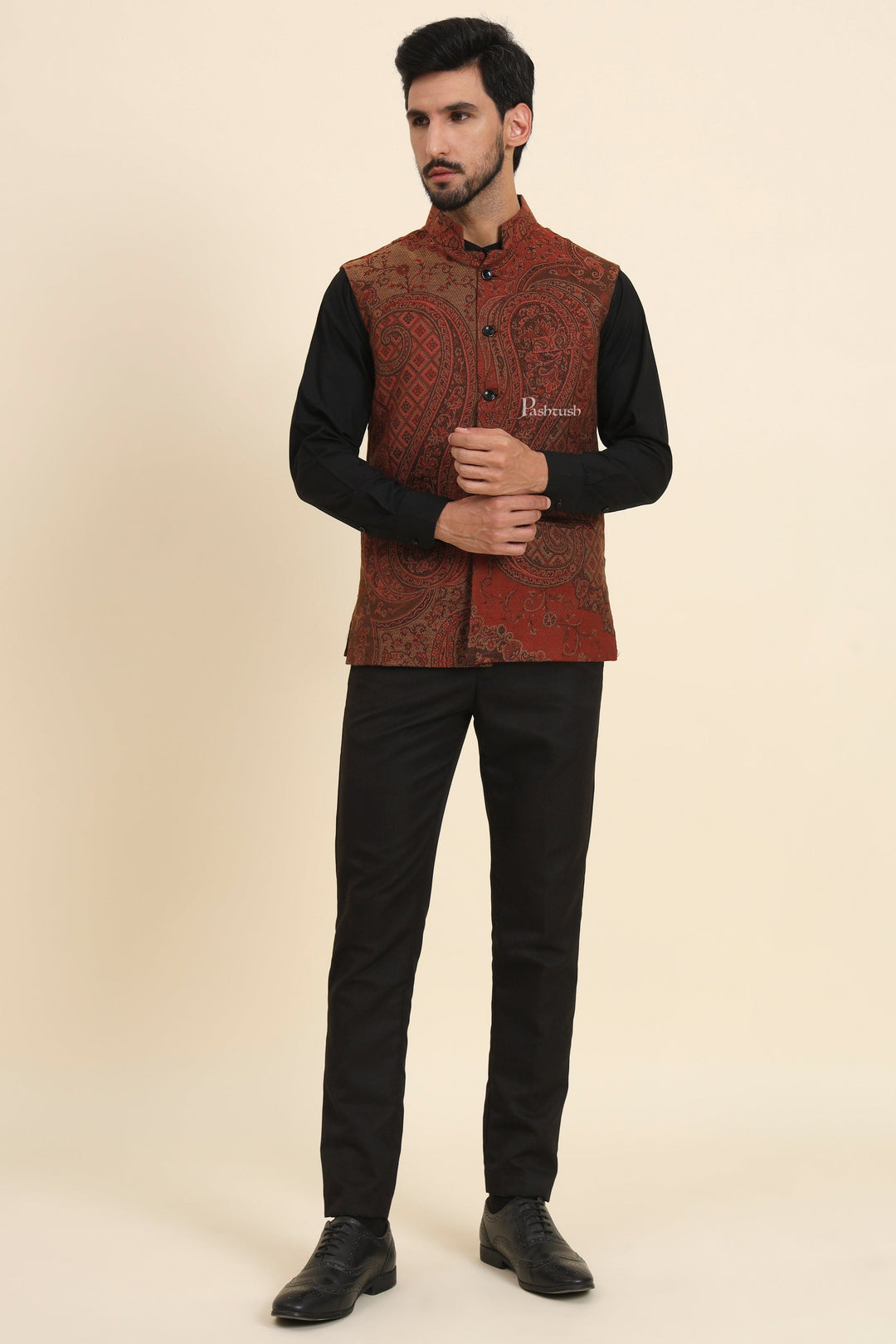 Pashtush India Coats &amp; Jackets Pashtush Mens Woven Jacquard Waistcoat, Structured Slim Fit, Brown