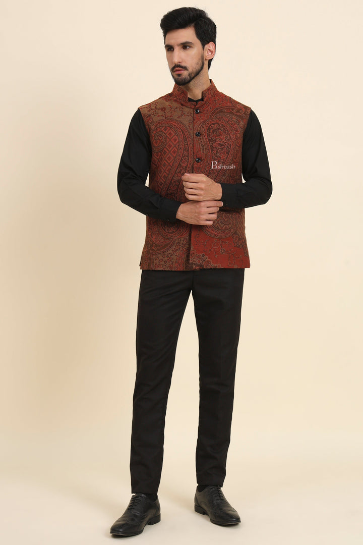 Pashtush India Coats &amp; Jackets Pashtush Mens Woven Jacquard Waistcoat, Structured Slim Fit, Brown