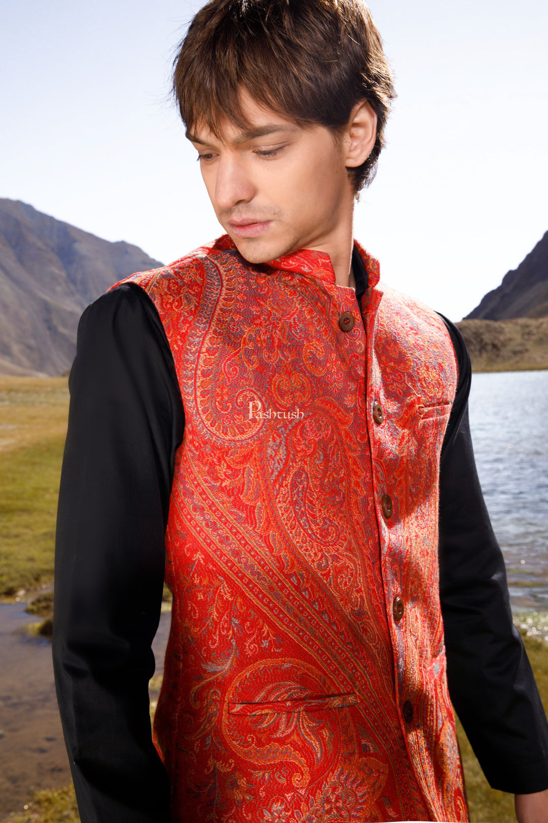 Pashtush India Coats & Jackets Pashtush Mens Woven Jacquard Waistcoat, Structured Slim Fit, Festive Maroon
