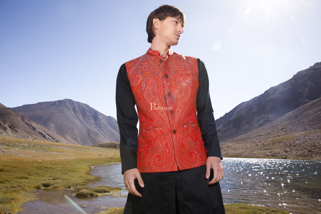 Pashtush India Coats & Jackets Pashtush Mens Woven Jacquard Waistcoat, Structured Slim Fit, Festive Maroon