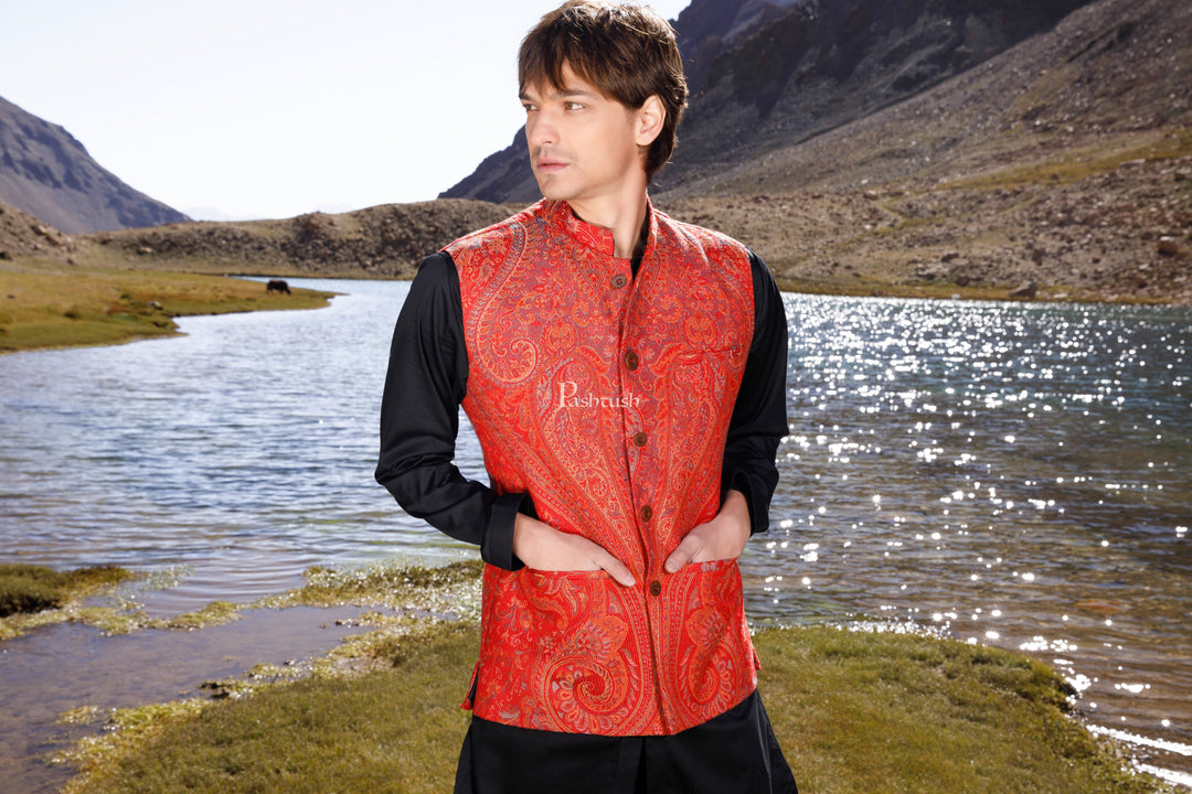 Pashtush India Coats & Jackets Pashtush Mens Woven Jacquard Waistcoat, Structured Slim Fit, Festive Maroon