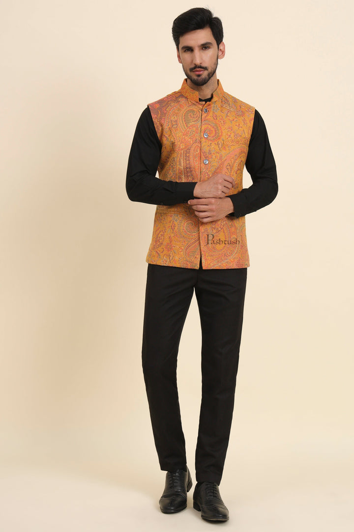 Pashtush India Coats & Jackets Pashtush Mens Woven Jacquard Waistcoat, Structured Slim Fit, Mustard