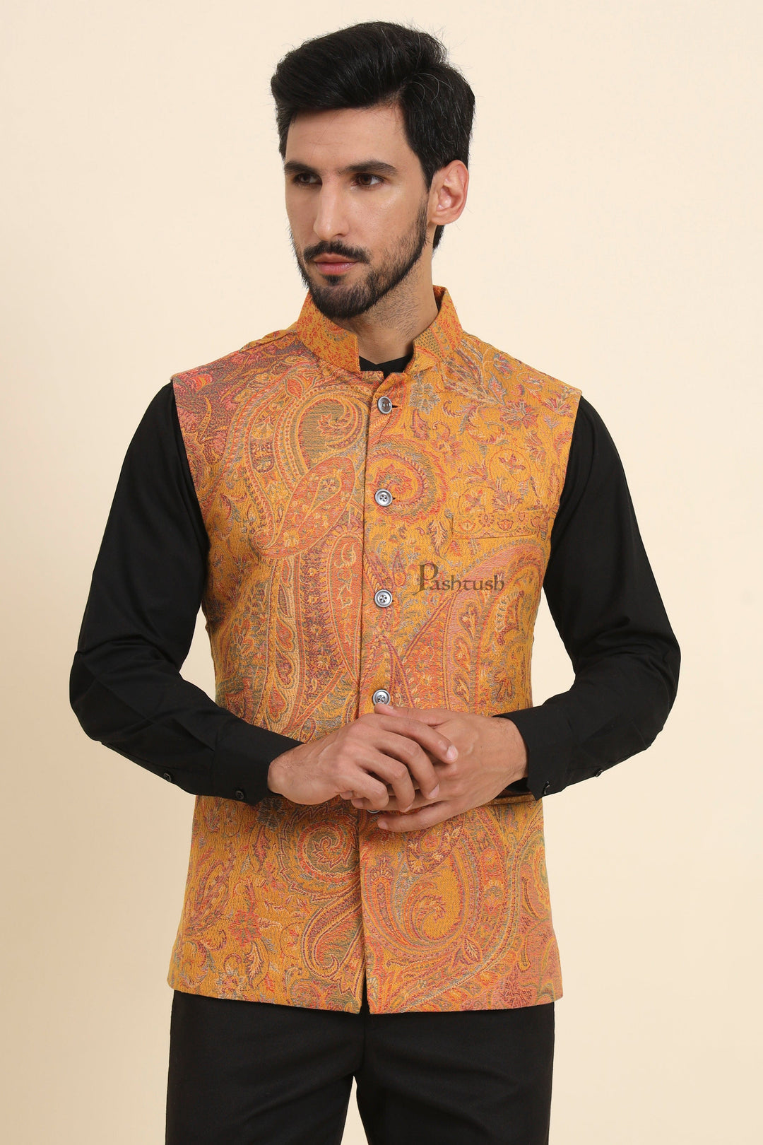 Pashtush India Coats & Jackets Pashtush Mens Woven Jacquard Waistcoat, Structured Slim Fit, Mustard