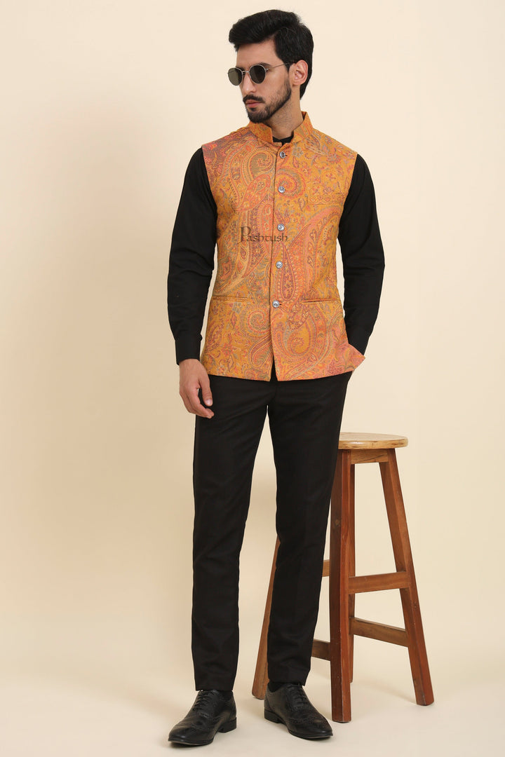 Pashtush India Coats & Jackets Pashtush Mens Woven Jacquard Waistcoat, Structured Slim Fit, Mustard