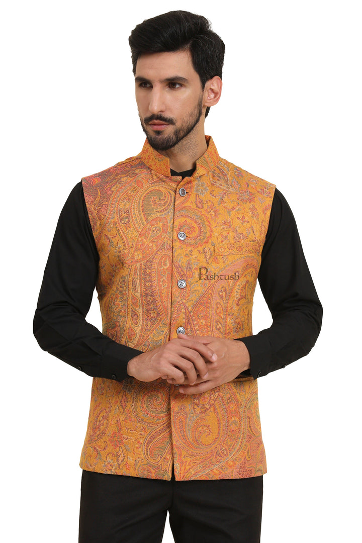 Pashtush India Coats & Jackets Pashtush Mens Woven Jacquard Waistcoat, Structured Slim Fit, Mustard
