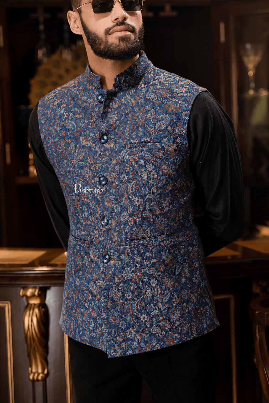 Pashtush India Coats &amp; Jackets Pashtush Mens Woven Jacquard Waistcoat, Structured Slim Fit, Navy Blue