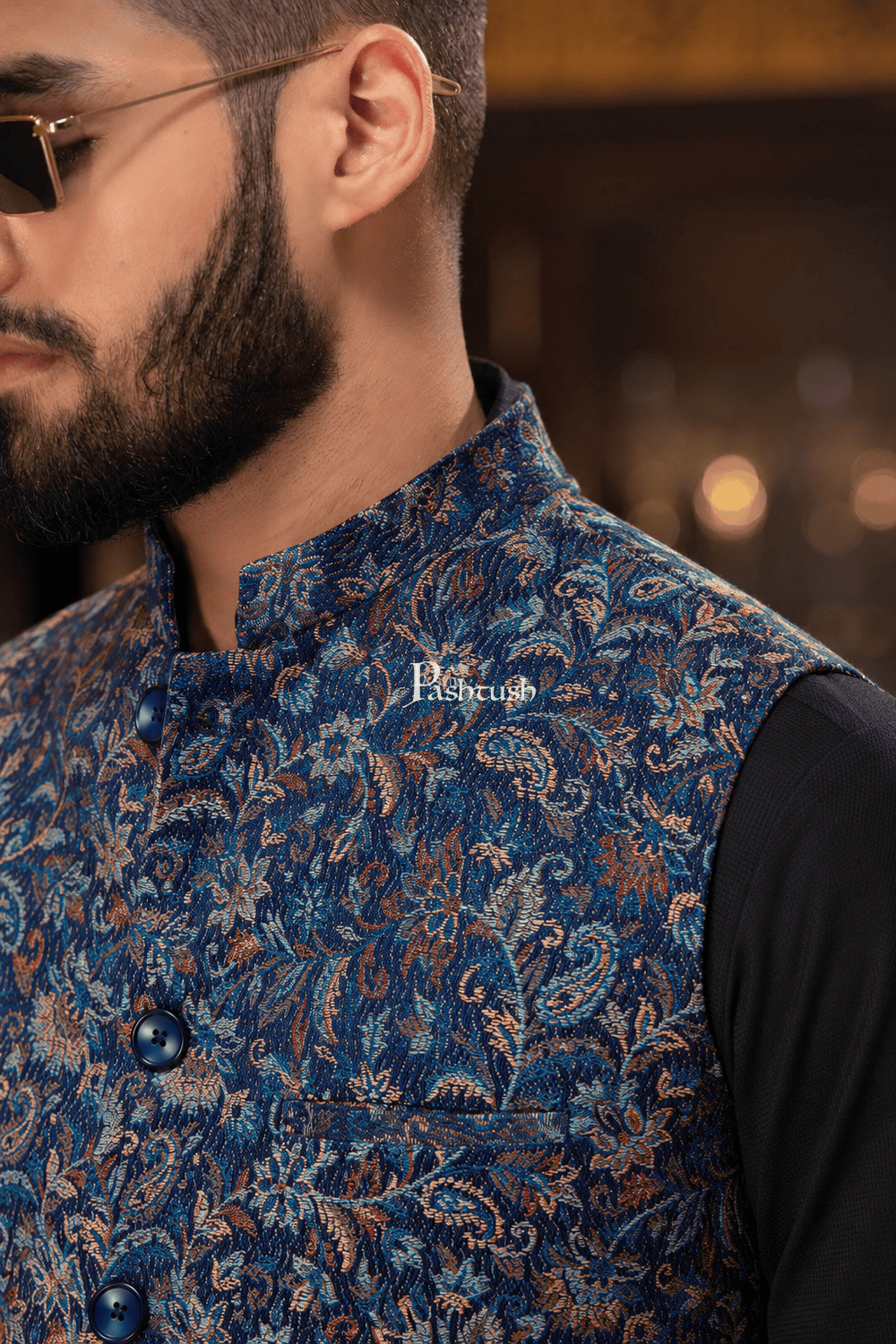 Pashtush India Coats & Jackets Pashtush Mens Woven Jacquard Waistcoat, Structured Slim Fit, Navy Blue