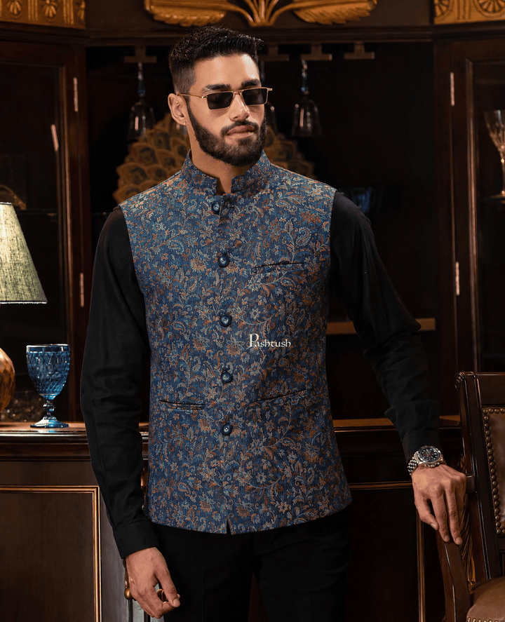 Pashtush India Coats &amp; Jackets Pashtush Mens Woven Jacquard Waistcoat, Structured Slim Fit, Navy Blue