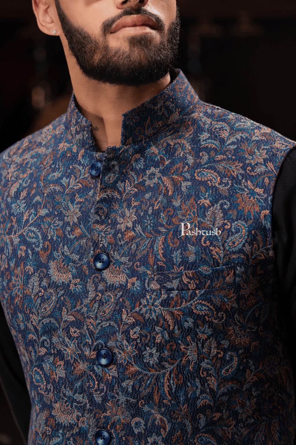 Pashtush India Coats &amp; Jackets Pashtush Mens Woven Jacquard Waistcoat, Structured Slim Fit, Navy Blue