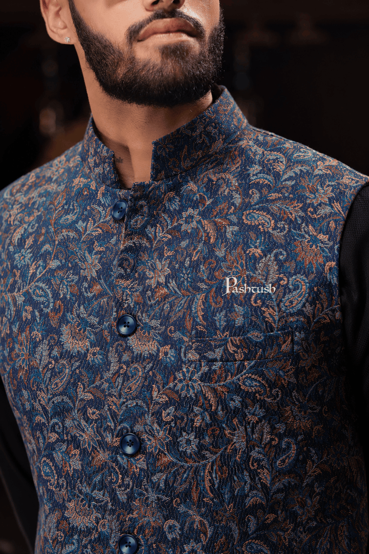Pashtush India Coats &amp; Jackets Pashtush Mens Woven Jacquard Waistcoat, Structured Slim Fit, Navy Blue