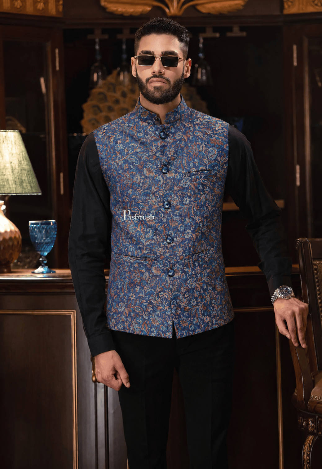 Pashtush India Coats &amp; Jackets Pashtush Mens Woven Jacquard Waistcoat, Structured Slim Fit, Navy Blue