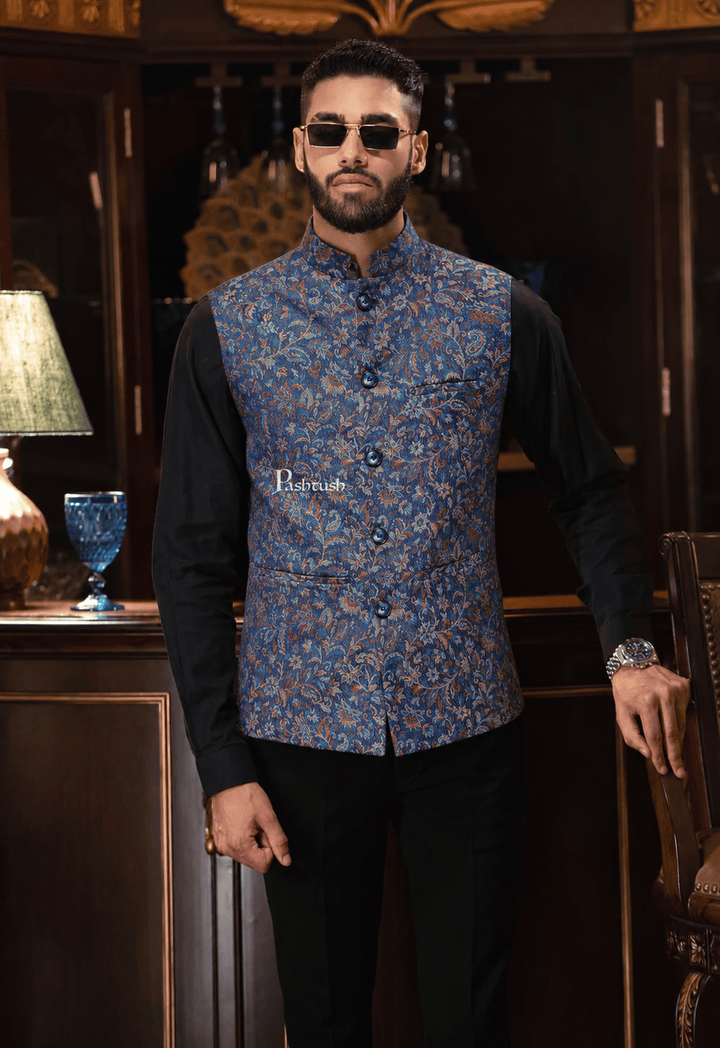 Pashtush India Coats &amp; Jackets Pashtush Mens Woven Jacquard Waistcoat, Structured Slim Fit, Navy Blue