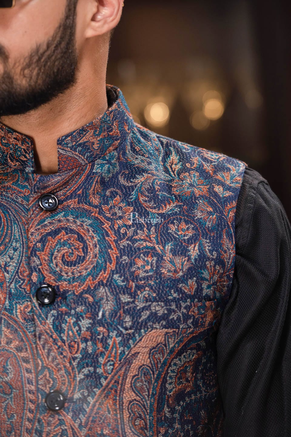 Pashtush India Coats &amp; Jackets PASHTUSH MENS WOVEN JACQUARD WAISTCOAT, Structured SLIM FIT, Navy Blue