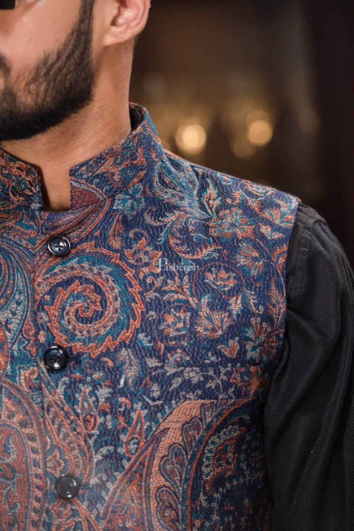 Pashtush India Coats &amp; Jackets PASHTUSH MENS WOVEN JACQUARD WAISTCOAT, Structured SLIM FIT, Navy Blue