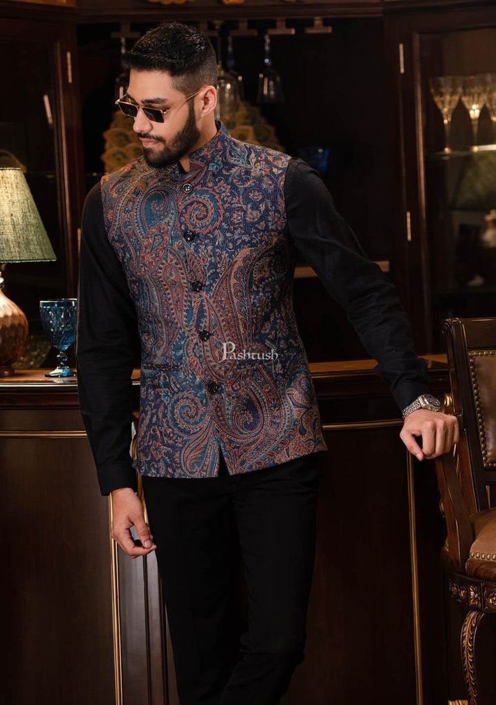Pashtush India Coats &amp; Jackets PASHTUSH MENS WOVEN JACQUARD WAISTCOAT, Structured SLIM FIT, Navy Blue