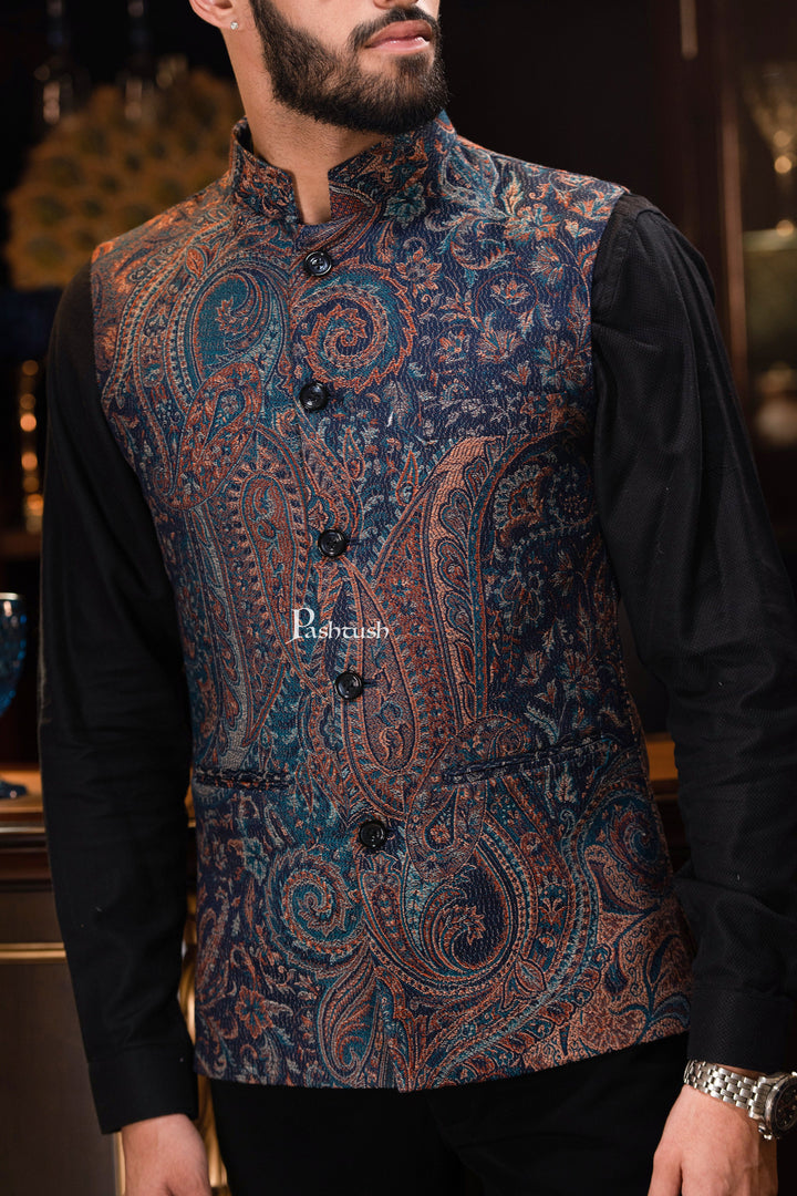 Pashtush India Coats &amp; Jackets PASHTUSH MENS WOVEN JACQUARD WAISTCOAT, Structured SLIM FIT, Navy Blue