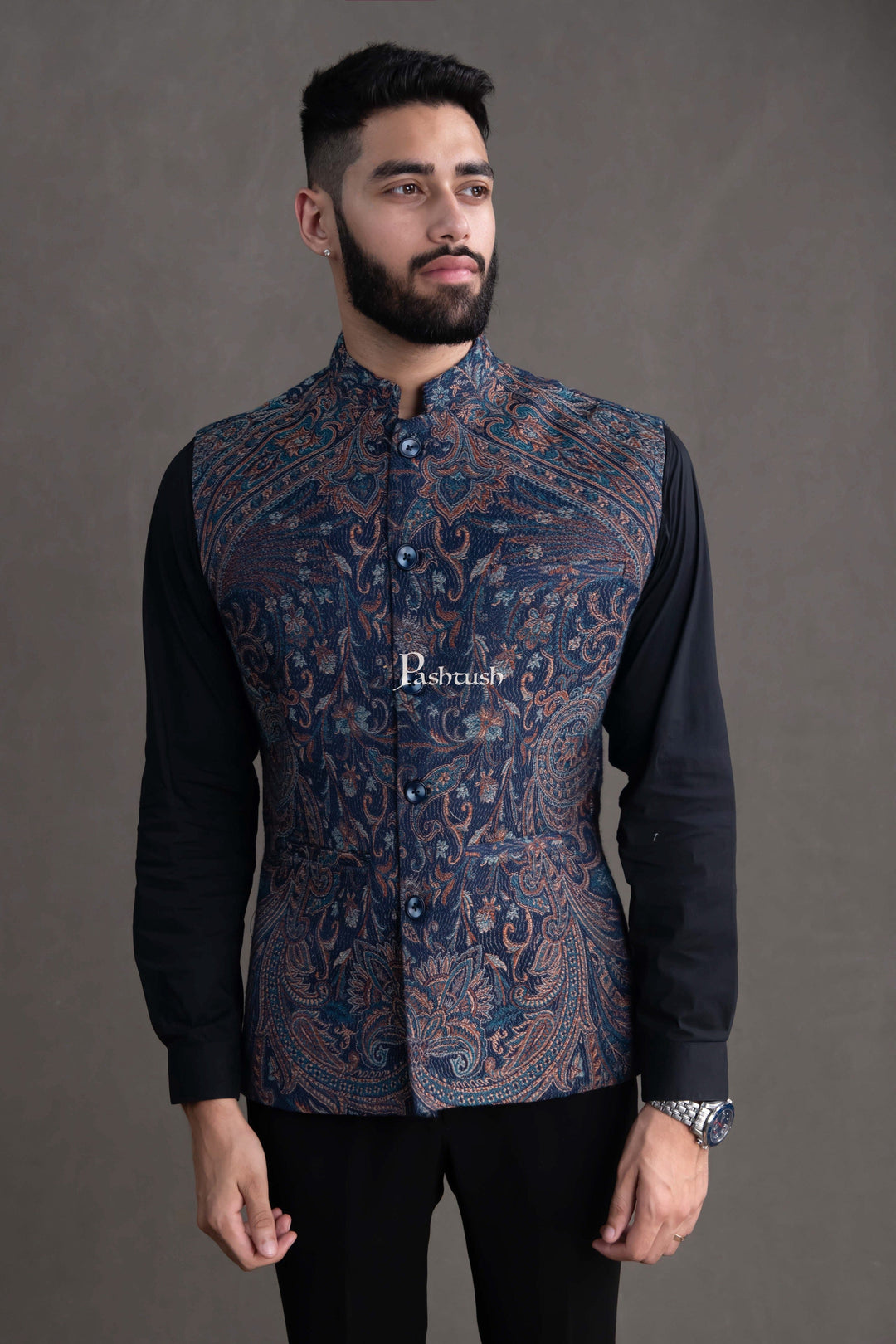 Pashtush India Coats & Jackets PASHTUSH MENS WOVEN JACQUARD WAISTCOAT, STRUCTURED SLIM FIT, NAVY BLUE